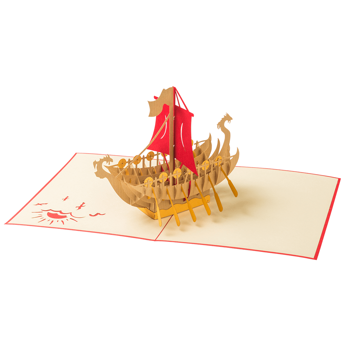 Bold a 3-D teak Viking Ship in startling detail, with a Dragon from fore to aft, a red sail and six sets of golden oars in mid-stroke.