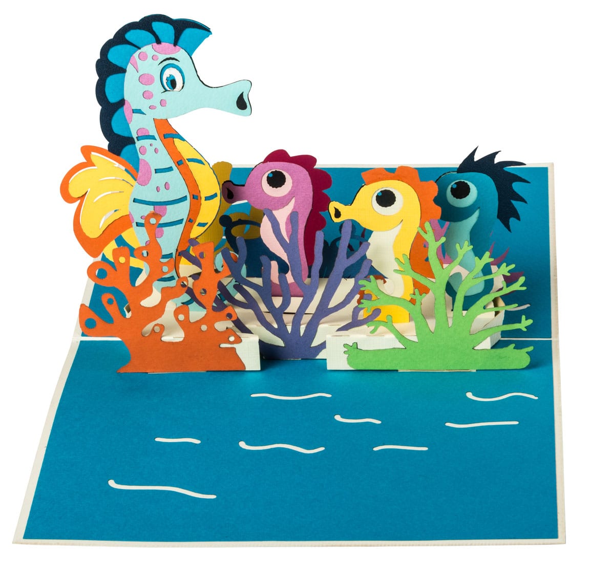 Colorful seahorses pop-up card.