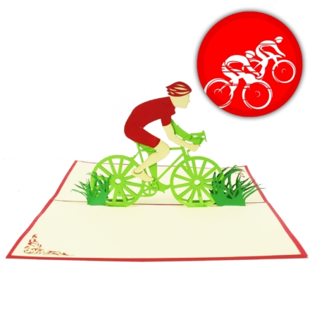 male cyclist on racing bicycle pop up card