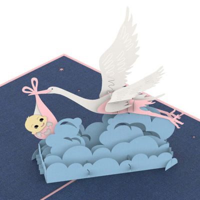 stork carrying baby girl pop up card