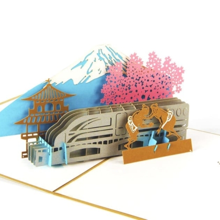 Mount Fuji Open Card Snow-covered Mount Fuji, the bullet train, cherry blossoms, a shinto temple, and Sumo wrestlers are the most famous attractions of Japan.