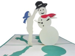 girl putting magic hat on Frosty the snowman pop up card detail