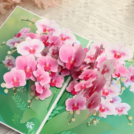 Pink Orchids pop up card open