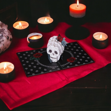 Rose Skull pop up card open with candles