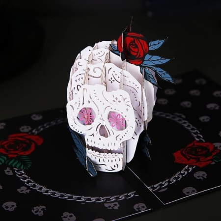 Rose Skull pop up card open with chain necklace and roses