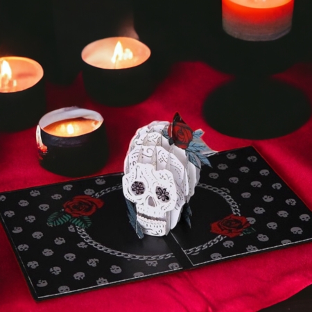 Rose Skull pop up card open with candles